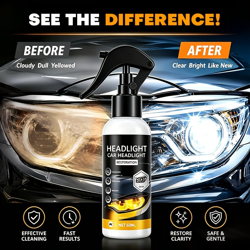 Headlight Restoration Kit With Applicator Sponge, Mild Non-Streaky Surface Care Fluid, Gentle Buffing Brightens Dull Hazy Yellow Headlight Lenses, Quick Simple Vehicle Lamp Upkeep For Daily Use
