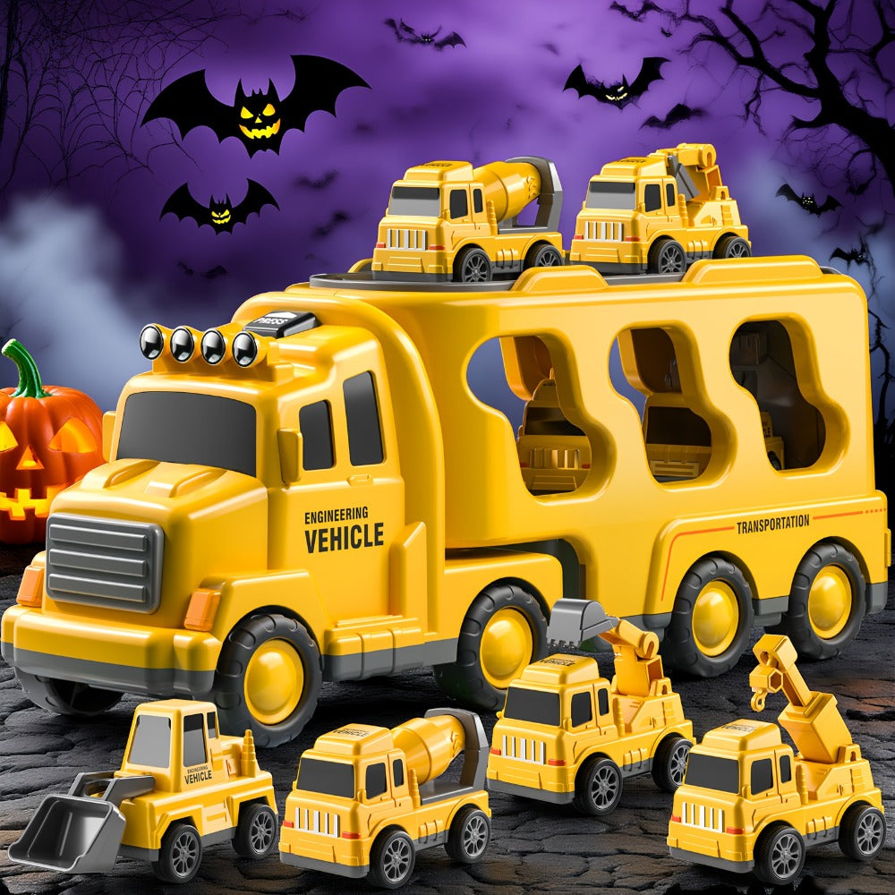 Construction Carrier Truck Toy Set for Kids Ages 3-7 – Large Transport Truck with 4 Mini Engineering Vehicles Excavator Crane Cement Mixer Bulldozer Friction Powered Yellow Gift Boys Girls