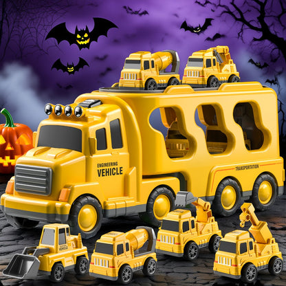 Construction Carrier Truck Toy Set for Kids Ages 3-7 – Large Transport Truck with 4 Mini Engineering Vehicles Excavator Crane Cement Mixer Bulldozer Friction Powered Yellow Gift Boys Girls