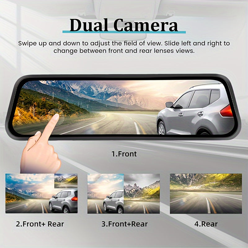 Front And Rear Mirror Dash Camera, Featuring a Rearview Mirror Camera with a TF Card, a 9.66-Inch 1080P IPS Touchscreen, Loop Recording, Wide Angles of 150° And 120°, Night Vision, G-Sensor, And an AHD Backup Camera