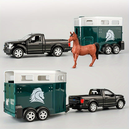 RMZCity 1:36 Scale Zinc Alloy Pull Back Car with Horse Trailer & Horse Vehicle – Openable Doors Diecast Toy Set for Kids & Adults, Birthday Christmas Gift (4 Models)
