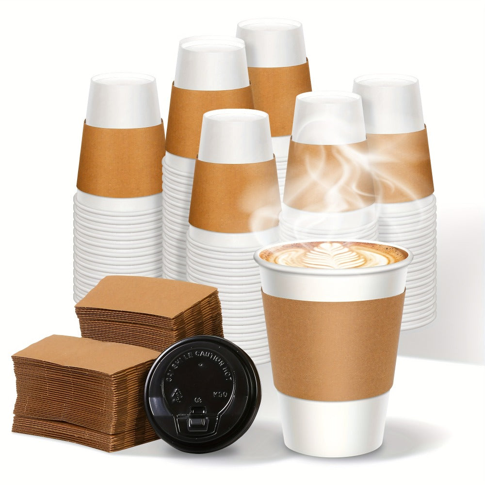 Disposable Paper Coffee Cups with Lids and Sleeves 12oz – Leak-Proof To-Go Hot Coffee Cups with Insulated Sleeve for Home, Office, Party & Coffee Bar | 50 or 100 Pack