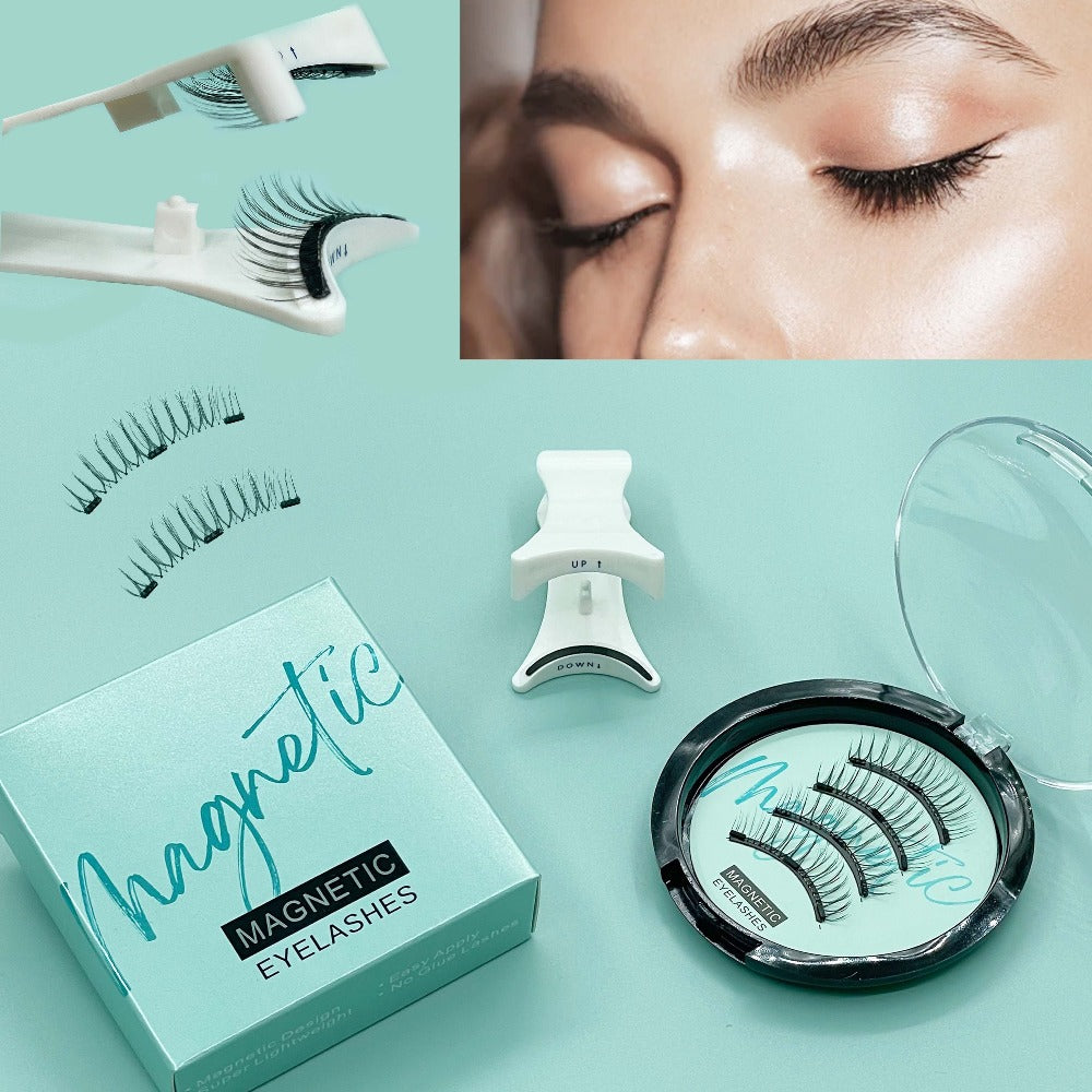 Natural Slim Nude Magnetic Eyelashes with Eyelash Curler — 3D Glue-Free Reusable Transparent Soft Stem Strong Magnetic Force Eye-Enlarging False Lashes for Daily & Office Wear, 1 Pair