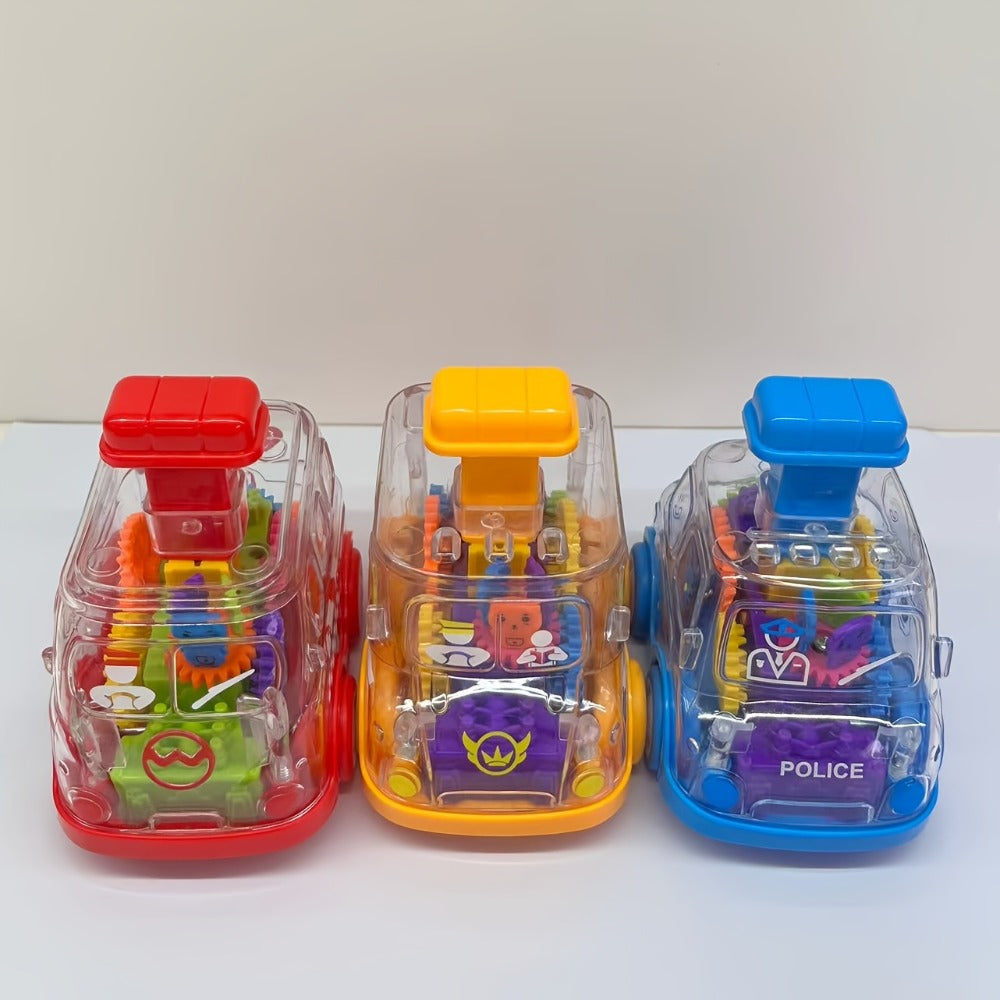 Gear Toy Cars for Toddlers 3-Pack, Transparent Body See-Through Gear Mechanism Push-and-Go Vehicle Set, Red Yellow Blue Police Cars, Educational STEM Toy for Kids Ages 2-6, Birthday Gift for Boys Girls
