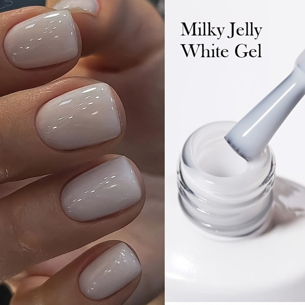 Jelly Gel Nail Polish Translucent 10ml – Glass Nail Look, 30-Day Soak-Off Semi-Permanent UV LED, Milky White Snow Glitter Pink Nude Shades, Buildable Salon Quality for Women