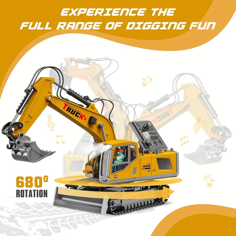 RC Excavator 120-Minute Battery Life Metal Shovel LED Lights – 13CH or 17CH Remote Control Construction Truck 1200mAh Rechargeable Digging Toy for Boys Ages 8+ Birthday Christmas Gift Yellow Gray