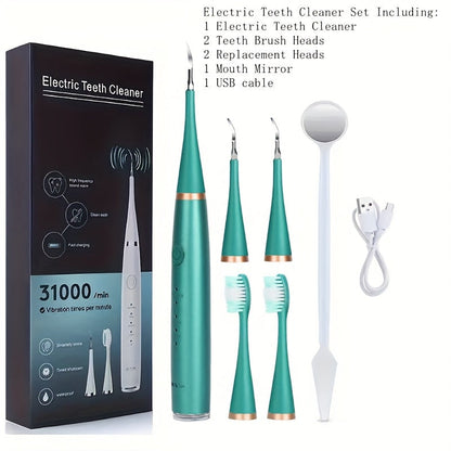 Electric Teeth Cleaner Kit USB Rechargeable – 5 Cleaning Modes Dental Scaler Plaque Tartar Remover Gum Health Tool for Adults Family Holiday Gift Set Black White Green