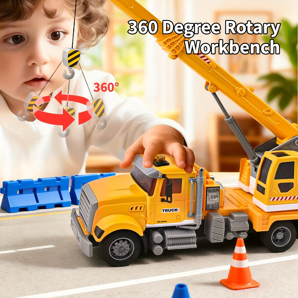 13-Inch Tow Truck Toy with Lights & Sounds – Friction Powered Transport Crane Truck for Boys Ages 3 4 5 6, Movable Arm & Towing Ramp, Birthday Christmas Gift