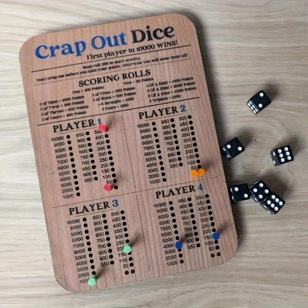 Crap Out Dice Score Board Game 2pcs – 10 Inch Wooden Dice Scoreboard with 6 Dice & 12 Scoring Pegs, Fun Family Dice Game for 1-4 Players, Party Game Night & Gatherings