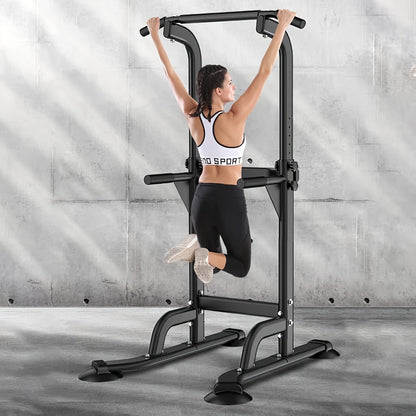 Power Tower Dip Station Pull Up Bar for Home Gym – 330lb Capacity, 10 Height Levels 65"-83", 6 Exercise Positions, H-Base with Suction Cups – Full Body Strength Training Equipment