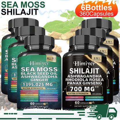 Sea Moss & Shilajit Capsules 12-in-1 Supplement - Bladderwrack Burdock Ashwagandha Black Seed Vitamin C D3 Rhodiola Ginseng Complete Wellness Formula for Energy Immunity Vitality