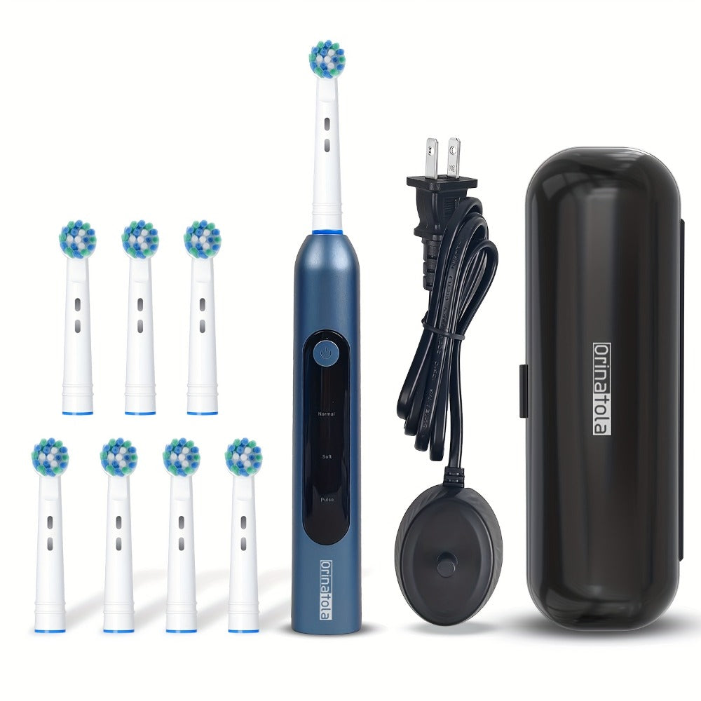 Rotating Electric Toothbrush with 8 Replacement Heads – Wireless Induction Charging, 3 Cleaning Modes, IPX7 Waterproof, Oral Care Gift for Family, Friends & Parents – Blue, Purple, Black