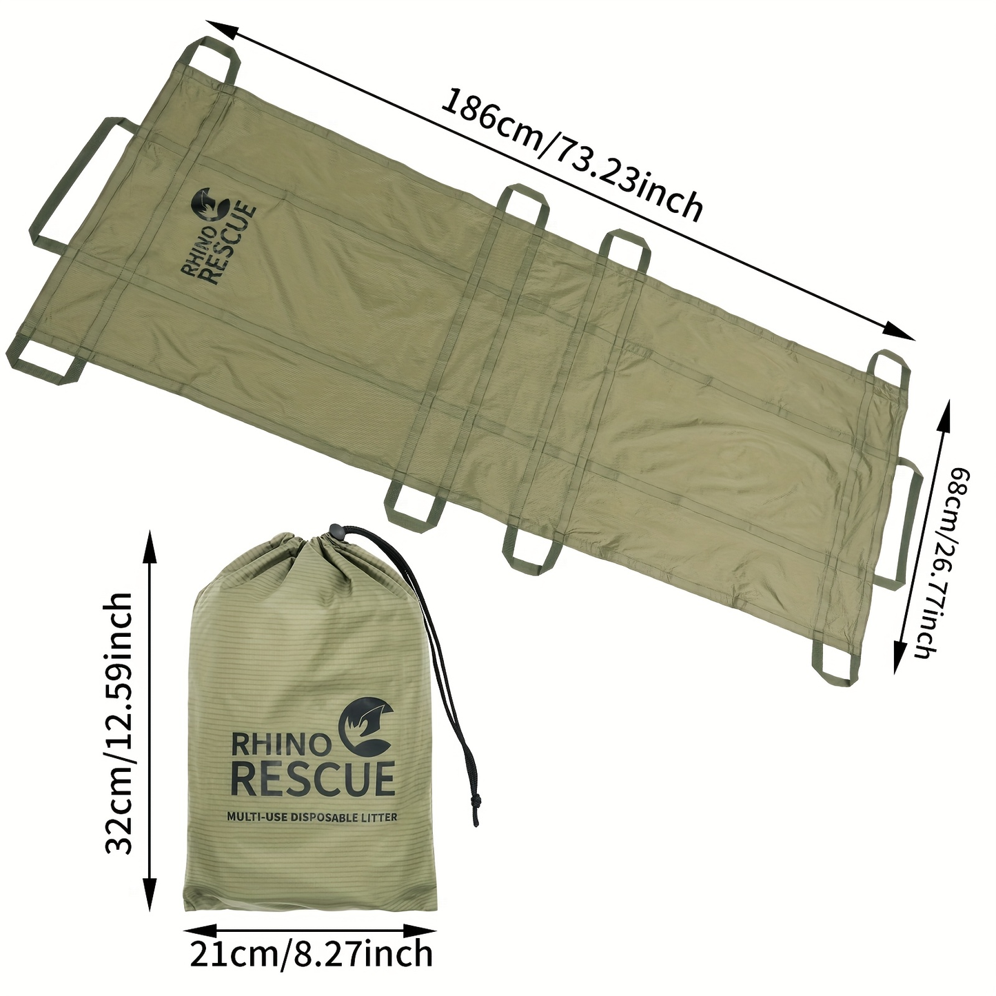 Emergency Stretcher Disposable 661LB Capacity – Portable Water-Resistant Rescue Litter with 10 Handles | 230T Nylon PA Stretcher for Mass Casualty, Disaster Response & IFAK Tactical Gear | 186×68cm