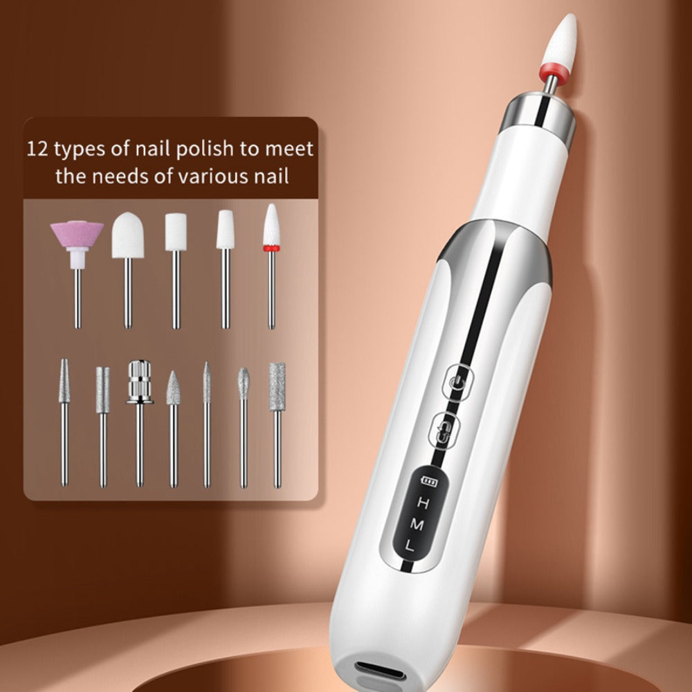 Electric Nail Drill Cordless USB Rechargeable 12 Bits Sanding Bands Manicure Pedicure Kit Low Noise Portable Pen Style Home Salon Beginner Professional Golden White