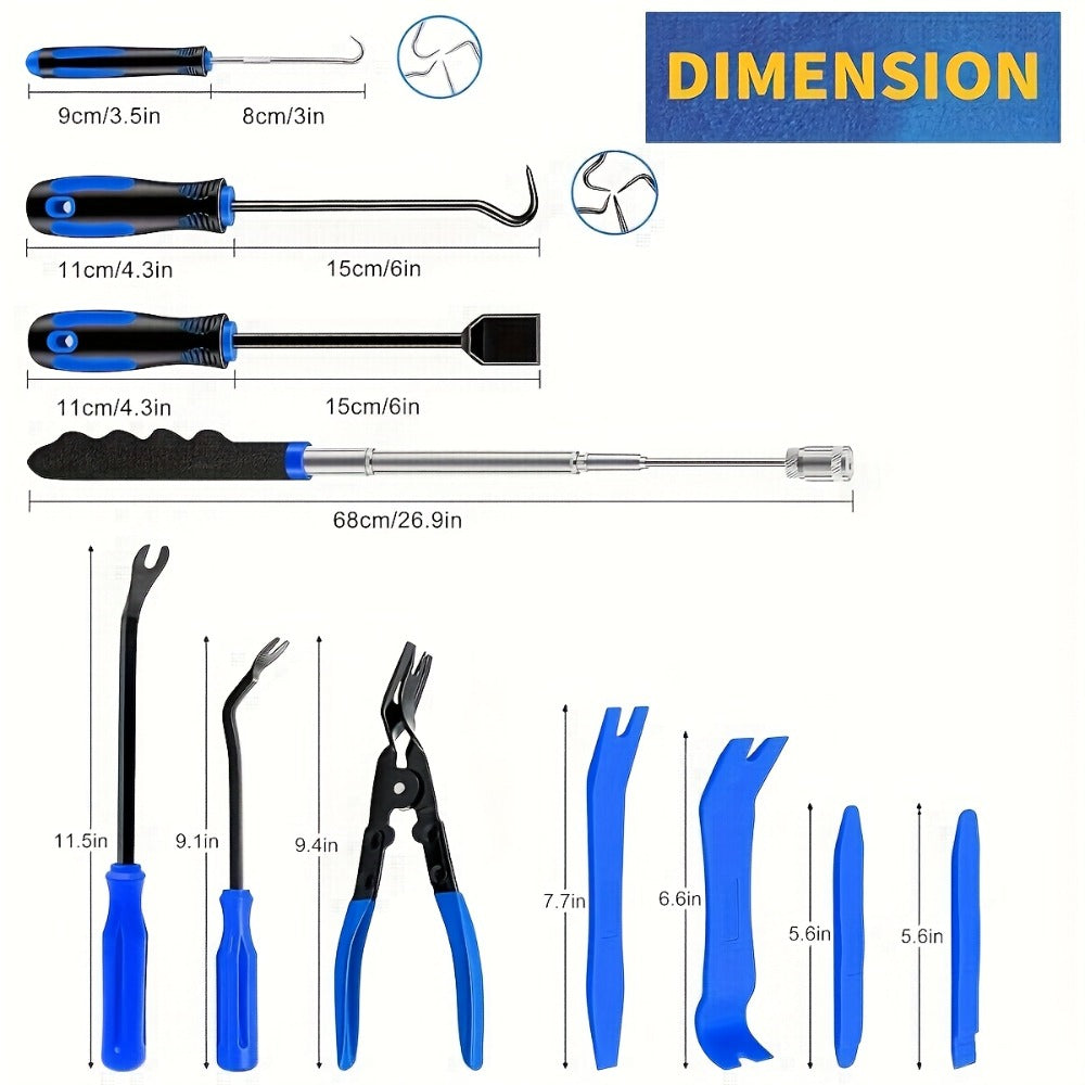 Auto Trim Removal Tool Kit 17pcs with Pry Tools Picks Metal Scraper Magnetic Telescopic Pickup Non-Slip Clips for Car Door Panel Dash Interior Bicycle Maintenance