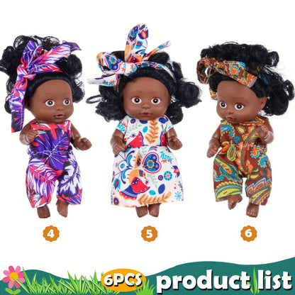 Miniature Girl Doll Set 6 Pcs 4 Inch Articulated Arms & Legs – Colorful Outfits Printed Headscarf, Adorable Collectible Mini Fashion Dolls, Christmas New Year Birthday Gift for Kids Girls Ages 3+