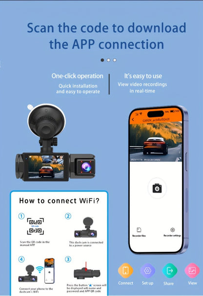 Dash Cam 3-Channel Front Inside Rear – 1080P 170° Wide Angle WiFi Night Vision Loop Recording G-Sensor with 2" IPS Screen & 32GB Card
