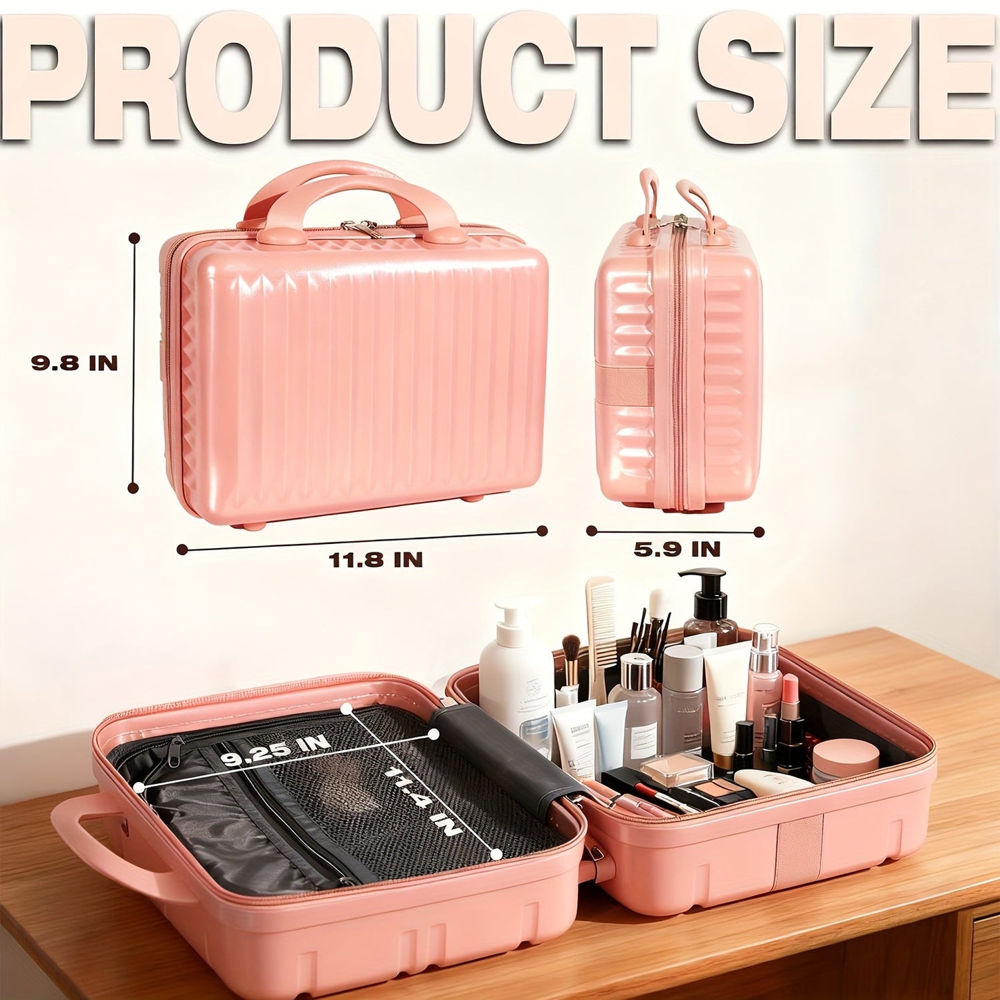 Hard Shell Makeup Travel Case Waterproof Pressure-Proof Portable Cosmetic Suitcase with Elastic Band Luggage Attachment Carry-On Organizer for Women Travel Camping Gym 30x25x15cm