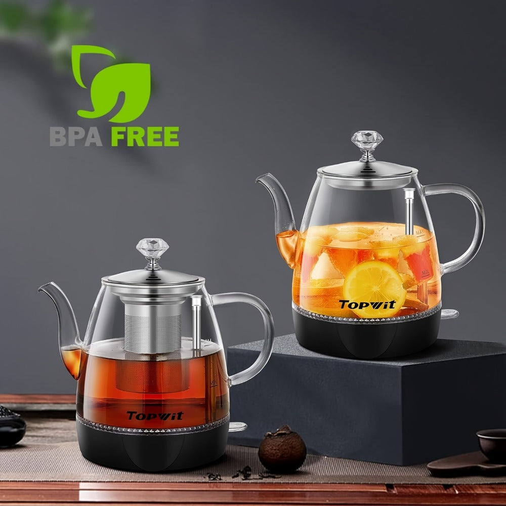 Pour Over Glass Electric Kettle with Removable Stainless Steel Tea Infuser – 1L 33.81oz BPA-Free Dual-Purpose Hot Water Kettle for Tea & Coffee, Auto Shut-Off & Boil-Dry Protection, Elegant Countertop Design