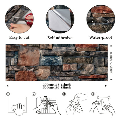 3D Brick Foam Wallpaper Self Adhesive Peel and Stick Wall Panels Waterproof PVC Rustic Brick Pattern Home Bathroom Kitchen Wall Decor Blue Brown Red 17.5in Wide