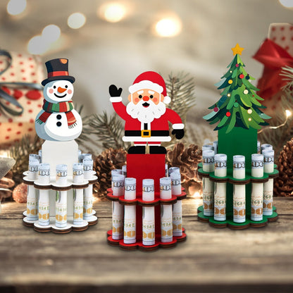 Christmas Money Tree Holder 3-Pack – Wooden Bill Dispenser Ornament with 10 Slots, Holiday Money Gift Display Stand, Table Decor for Winter Party Favors Stocking Stuffers