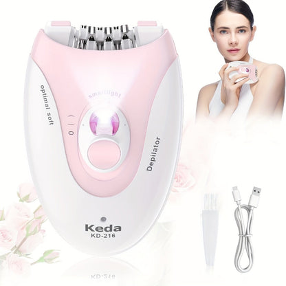 Electric Epilator for Women USB Rechargeable 2-Speed Painless Hair Removal – Stainless Steel Blades Cordless Portable Body Hair Remover for Legs Bikini Line Face, Ergonomic Pink Design, Gift for Her
