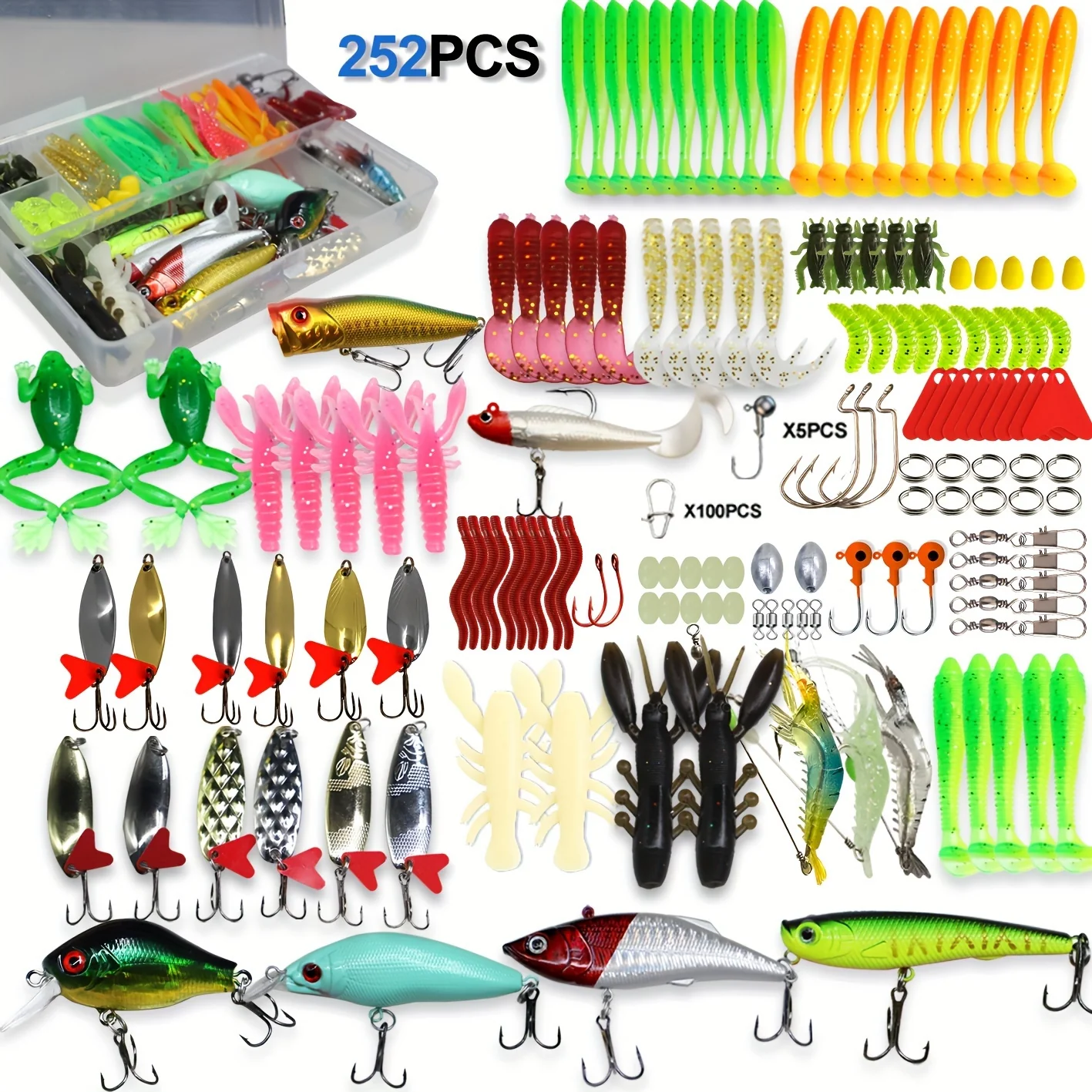 Fishing Lures Kit with Tackle Box – Mixed Plastic & Metal Baits, Hooks, Swivels & Jig Hooks (110/252/361pcs)
