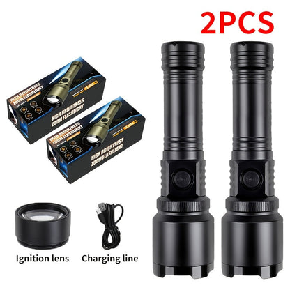 1000 Lumen LED Flashlight with Fire Starter - Aluminum Alloy Torch, Zoom Focus Ignition, Long Battery Life for Survival, Camping, Fishing & Power Outages, 1/2pcs
