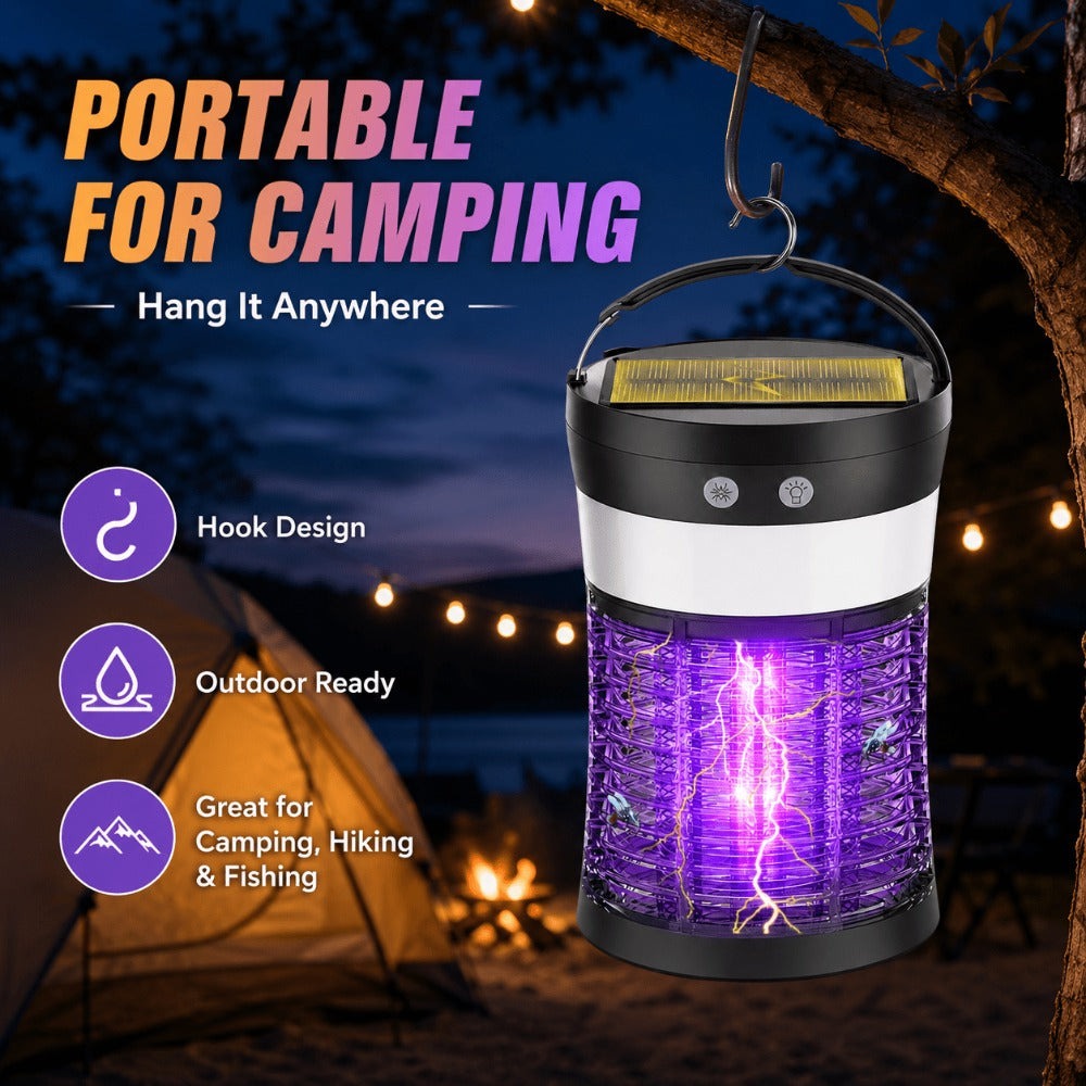 Solar Bug Zapper Electric 3-in-1 – 3000V UV 365nm Mosquito Killer Rechargeable Insect Fly Trap with White Light & Flashlight, 2100 Sq Ft Coverage for Indoor Outdoor Home Patio Backyard Camping – Black