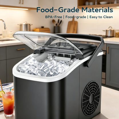 Portable Ice Maker Countertop – Bullet Ice Machine 26-29 Lbs Daily, 9 Ice Cubes in 6 Mins, Self-Cleaning, Quiet Under 45dB, with Handle, Basket & Scoop, for Home, Kitchen, Camping & RV
