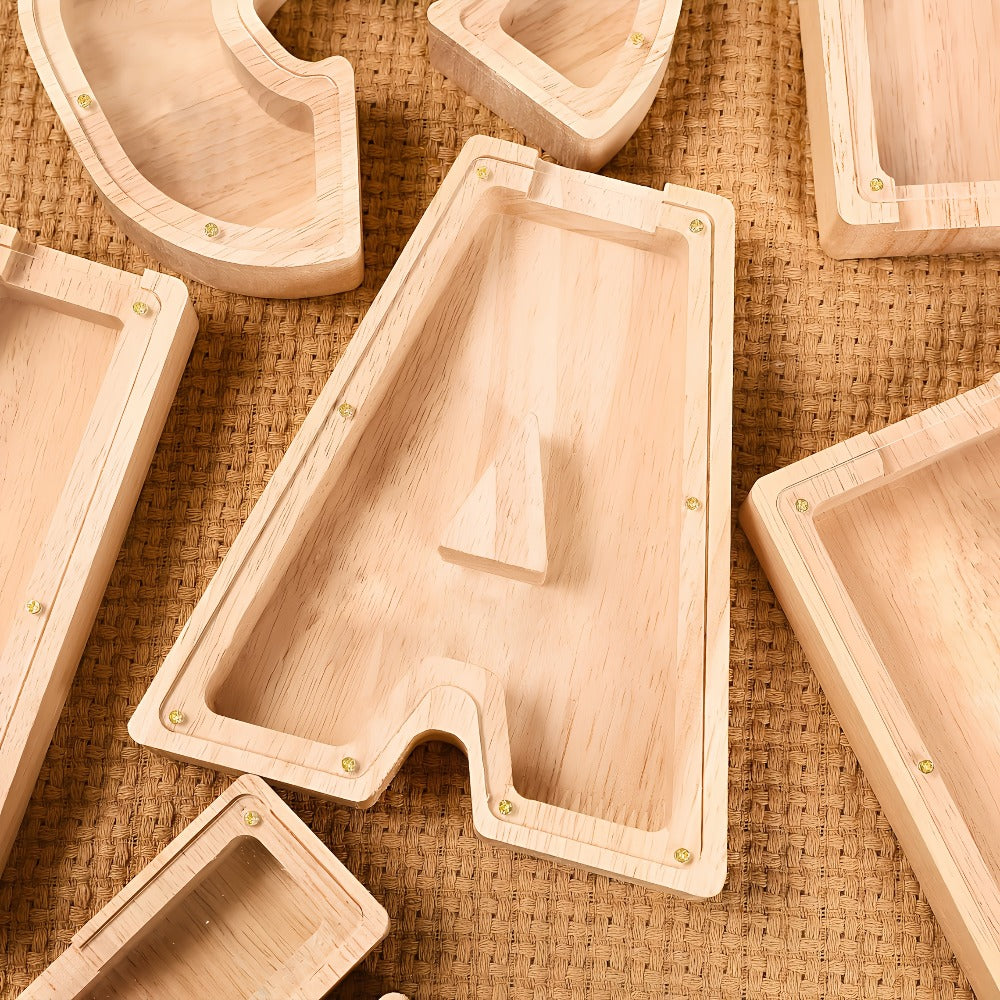 Wooden Alphabet Letter Piggy Bank – Personalized Coin Bank for Kids Boys & Girls | Cute Money Saving Box Birthday Gift for Children Toddlers