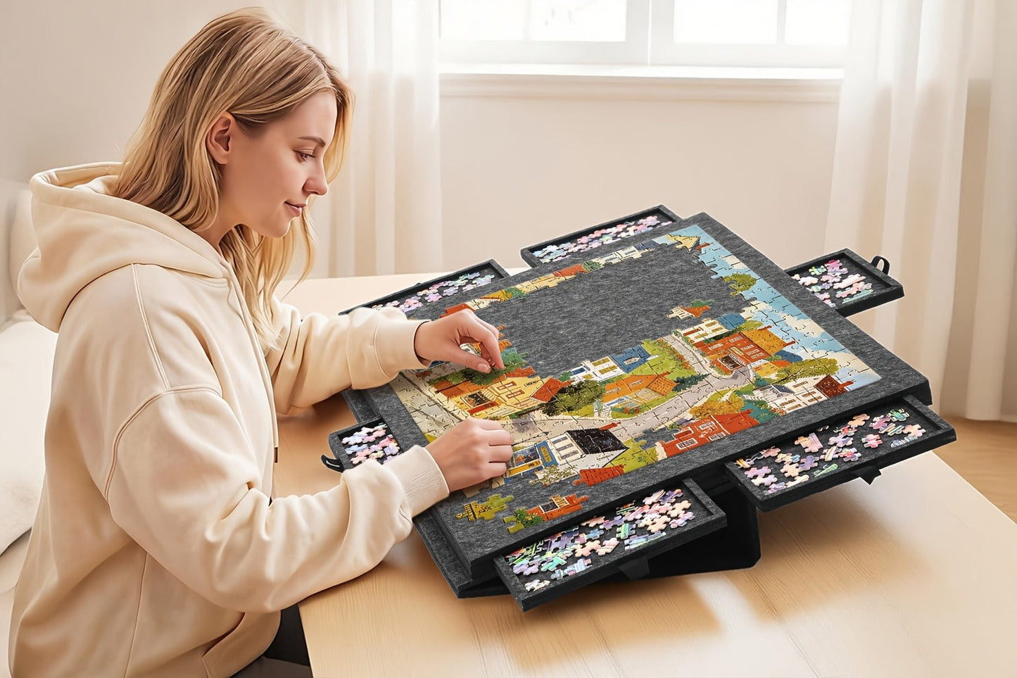 Jigsaw Puzzle Board with Felt Mat & 6 Sorting Drawers - Foldable Roll-Up Puzzle Saver Fits Up to 1000 Pieces | Portable Puzzle Storage Organizer for Adults Kids Family Game Night