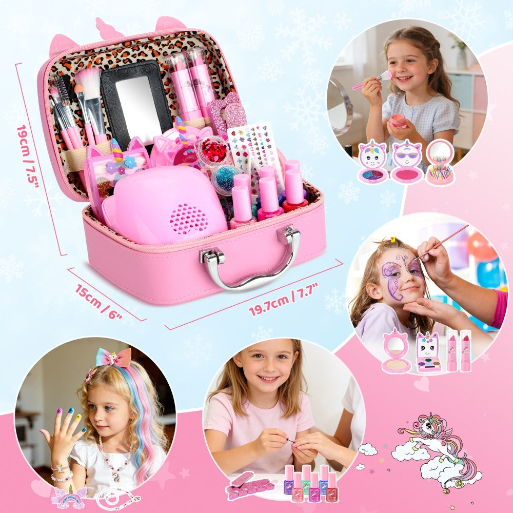 Kids Makeup Set for Girls – 2-in-1 Princess Makeup & Nail Art Kit, Washable Non-Toxic Pretend Play Cosmetics with Nail Polish, Eyeshadow, Lipstick & Accessories, Birthday Gift for Girls Ages 3+