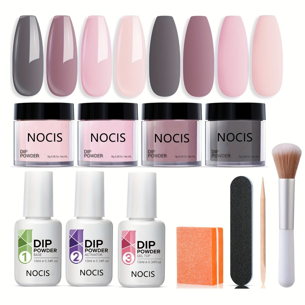 11-Piece Dip Powder Nail Kit Nude Grey Pink — 4 Colors Complete Dipping Set with Base Coat Activator Top Coat Nail Tools No Lamp French Manicure Gift for Women