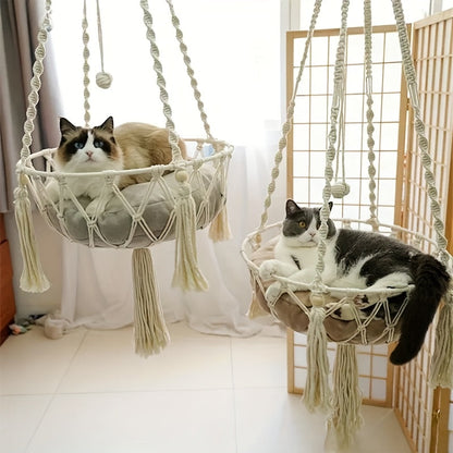 Hand-Woven Rope Cat Hammock & Swing Bed – Indoor Cat Nest Basket for 1-2 Cats, 11.81" & 15.75" Diameter