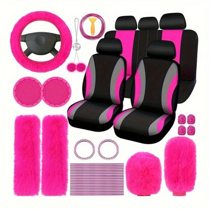 Car Interior Accessories Set for Women 45-Piece – Plush Steering Wheel Cover, Seat Cushion & Pendant, Universal Fit All Seasons, Available in Red, Black, Blue, Pink, Purple & More