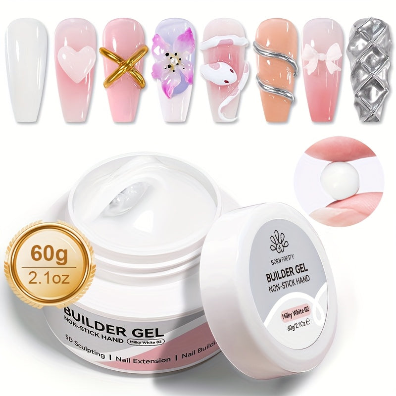 Builder Gel Nail Extension Sculpting Gel 60g No-Sticky Soak-Off – Clear & Milky White 3D Carving Molding UV/LED Curable Construction Gel for DIY & Salon Nail Art Women by BORN PRETTY