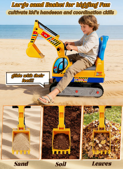 Ride-On Excavator Toy for Kids with Manual Digging Arm – Sit-In Construction Vehicle Scooter for Boys Girls Ages 3+ Outdoor Sandbox Digger Birthday Gift Supports up to 52.7 lbs