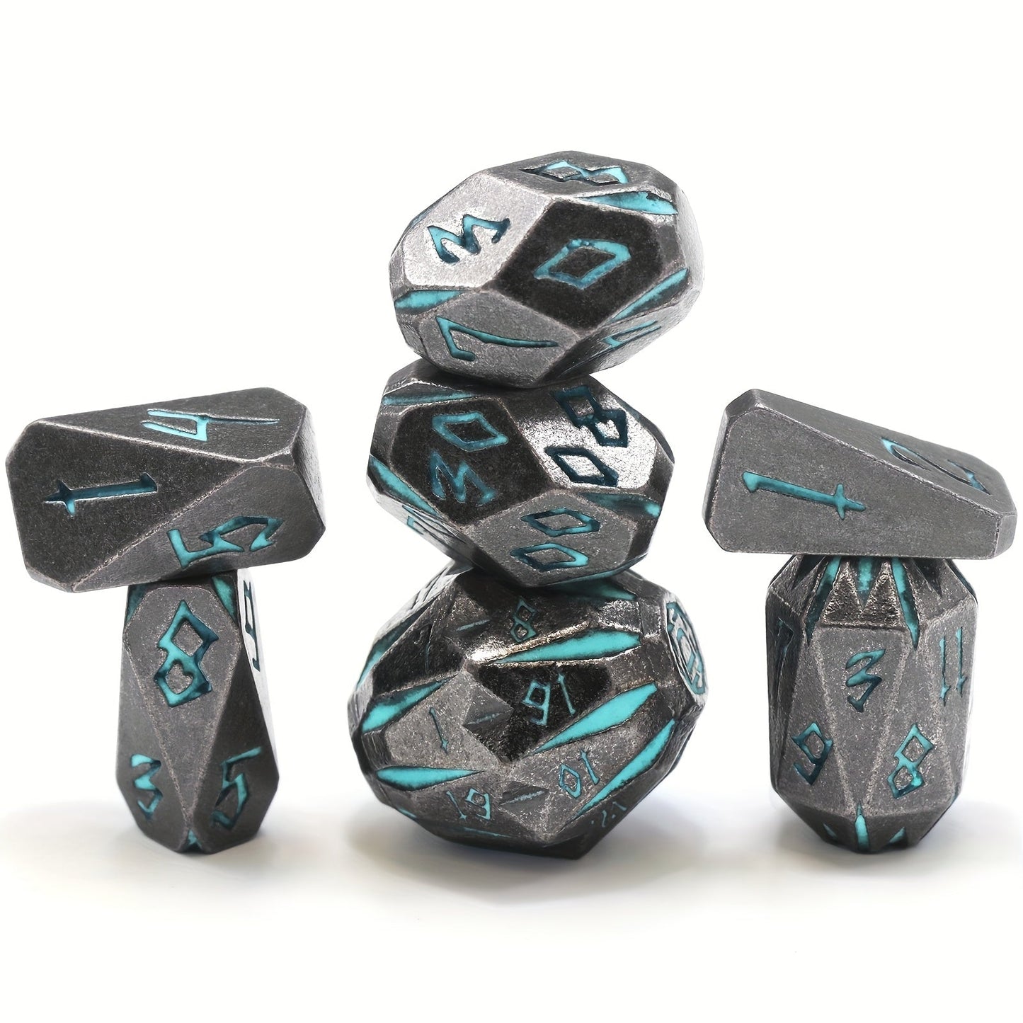Metal DnD Dice Set 7pcs Glow in the Dark – Stonehenge Zinc Alloy Polyhedral Dice with Display Box, D4 D6 D8 D10 D12 D20 for D&D RPG Tabletop Games, Unique Gamer Gift Blue