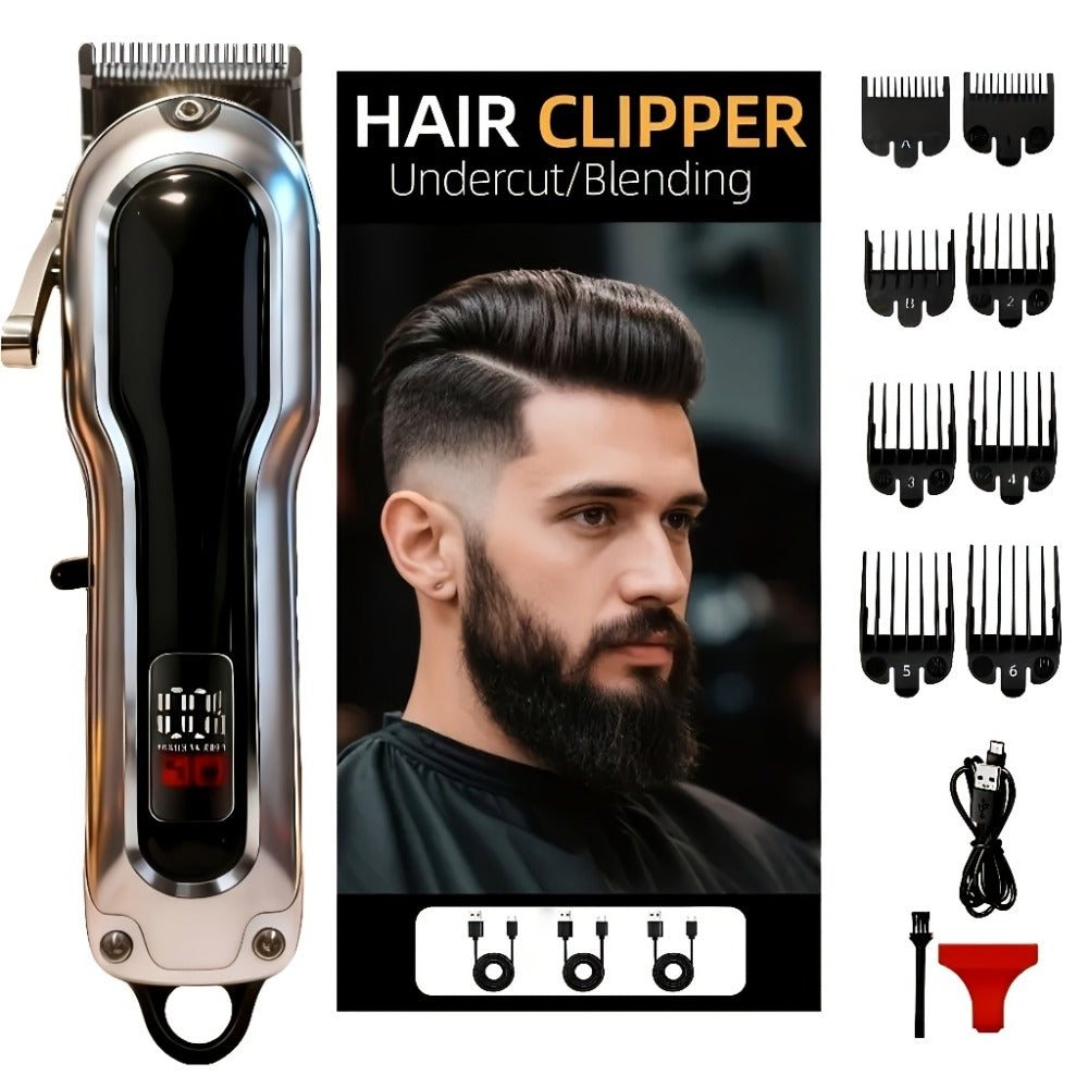 Electric Hair Clipper Set with Limit Comb — Barber-Grade Professional Trimmer, Long-Lasting Rechargeable Battery, Home & Travel Haircut Kit, Gift for Dad, Silver & Golden