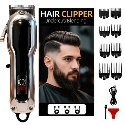 Electric Hair Clipper Set with Limit Comb — Barber-Grade Professional Trimmer, Long-Lasting Rechargeable Battery, Home & Travel Haircut Kit, Gift for Dad, Silver & Golden