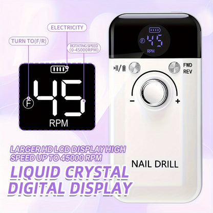 45000RPM Electric Nail Drill Machine Rechargeable Cordless with LCD Display Professional Nail File Drill for Acrylic Gel Nails Cuticle Removal Manicure Pedicure Polisher Home Salon Women Pink White