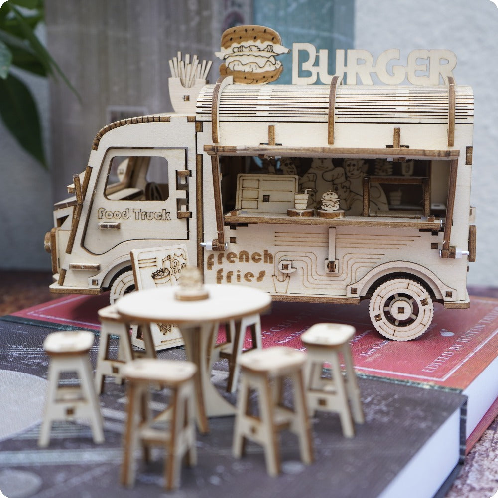 Basswood Food Truck 3D Puzzle Model Kit – DIY Building Toy for Kids & Adults, Yellow Miniature Snap-Fit Craft, Creative Birthday Halloween Christmas Gift for Boys Girls