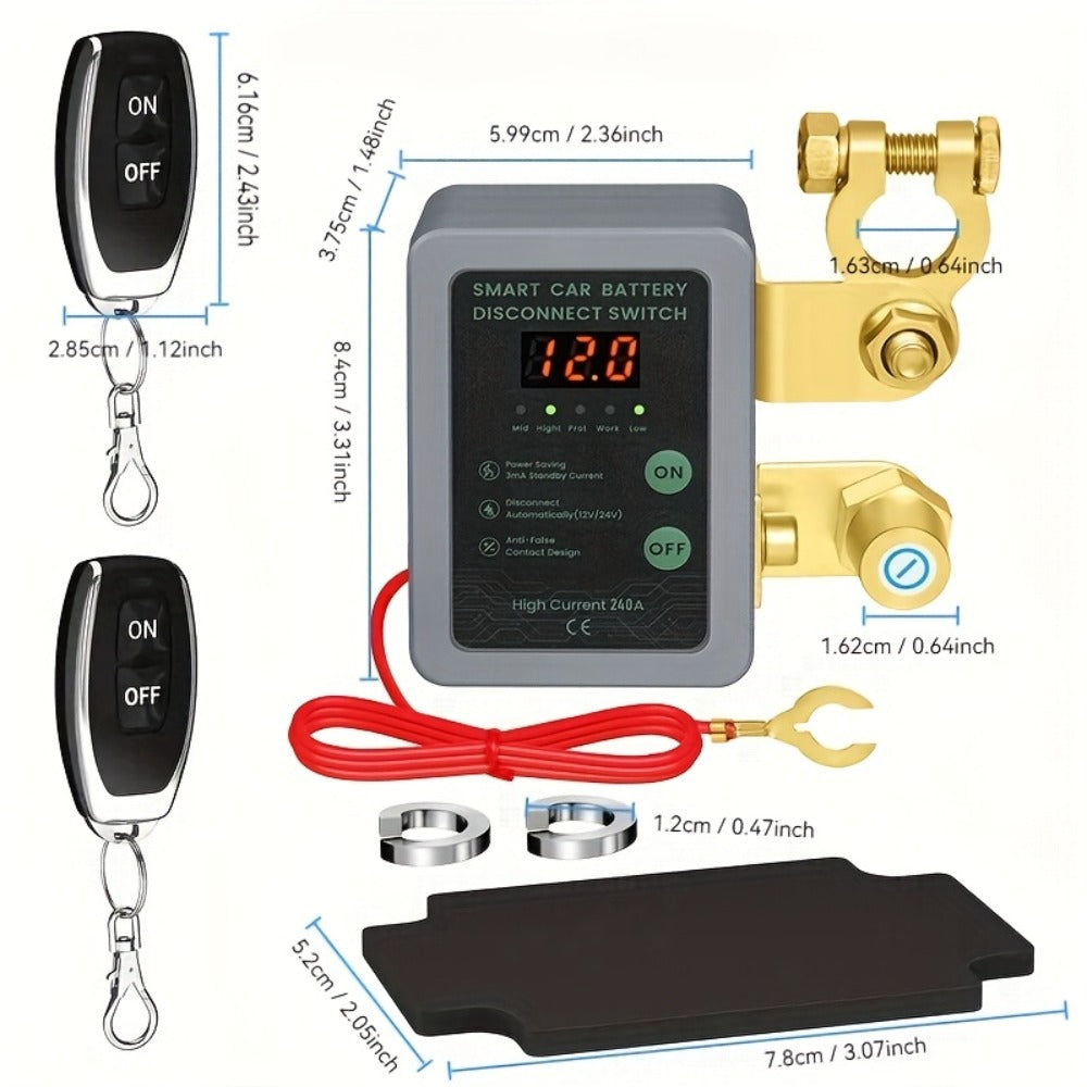 Car Battery Auto Power Off Switch with LED Voltage Display - 12V/24V Anti-Drain Protection, Low Voltage Alarm, 240A Remote Control Battery Disconnect