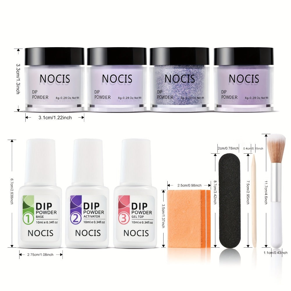 Dip Powder Nail Kit 4 Colors Lilac Lavender Purple Glitter - All-in-One Beginner Manicure Set with Base Coat Activator Top Coat No UV Lamp French Nail Art Home Salon