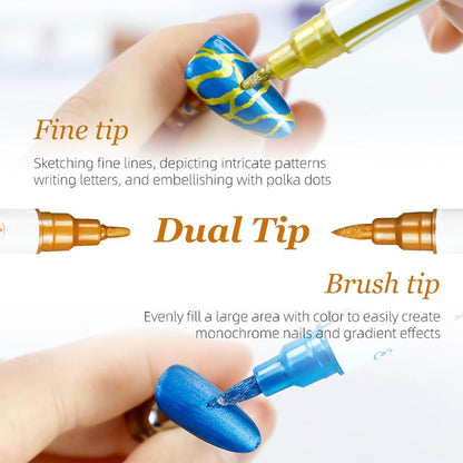 Nail Art Pens Set 10 Metallic Colors with 12pcs Nail Stickers - Dual-Headed 3D Acrylic Polish Markers for Doodle Dot Line Stitching Graffiti Designs, Home Salon Gift for Women Girls