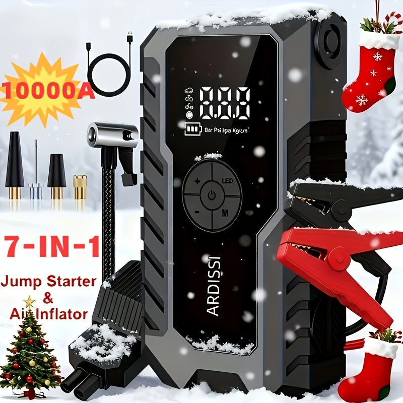 10000A 7-In-1 Multifunctional Emergency Jump Starter with 150PSI Air Pump, Digital Tire Inflator, Portable Car Battery Charger, Up to 2.64gal Gas/2.38gal Diesel, LED Emergency Light & USB Charging, Car Emergency Tool. Suitable As a Holiday Gift