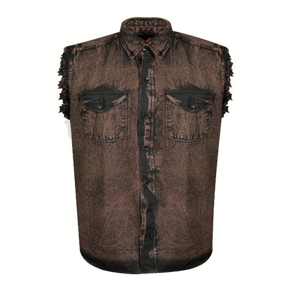 Men's Sleeveless Shirt – Fringe Hem Crew Neck Tank Top, Stonewash Cotton, Regular Fit for Streetwear, Beach & Vacation, Sizes M–XXXXL