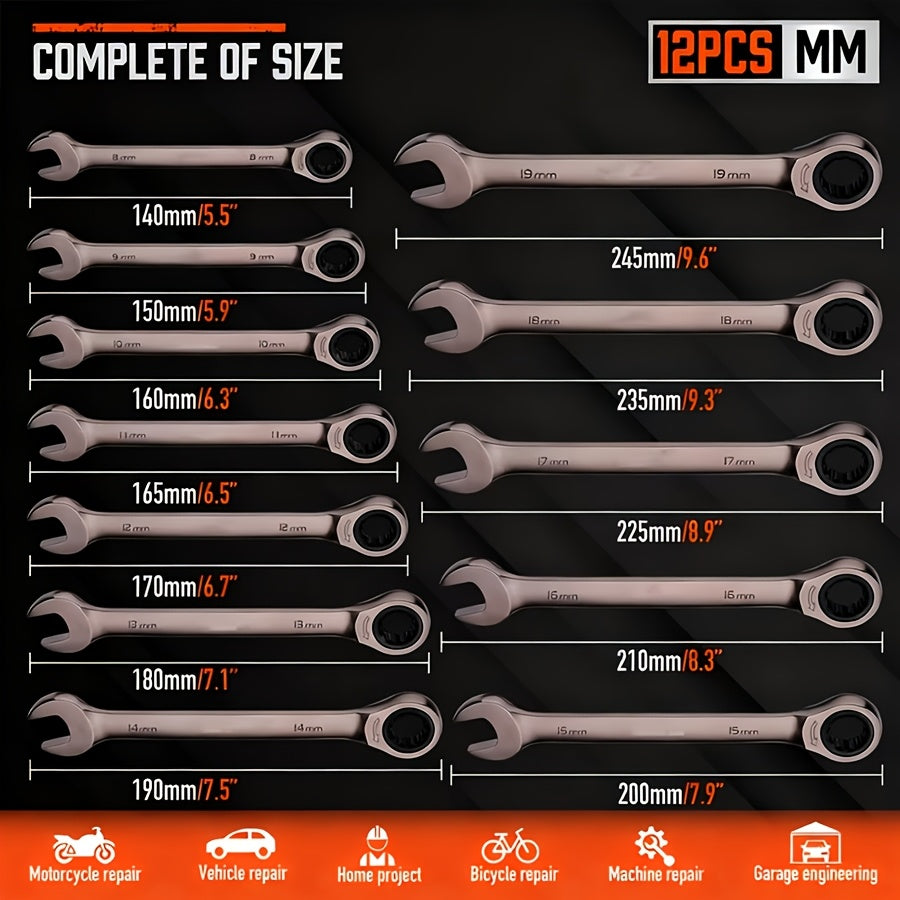 24/12/10/2pcs Ratchet Wrench Combination Set - Heavy Duty Black Plated Ratchet Wrench, Suitable for Automotive, Motorcycle And DIY Maintenance - Professional Mechanical Tool Set - Metric Wrench