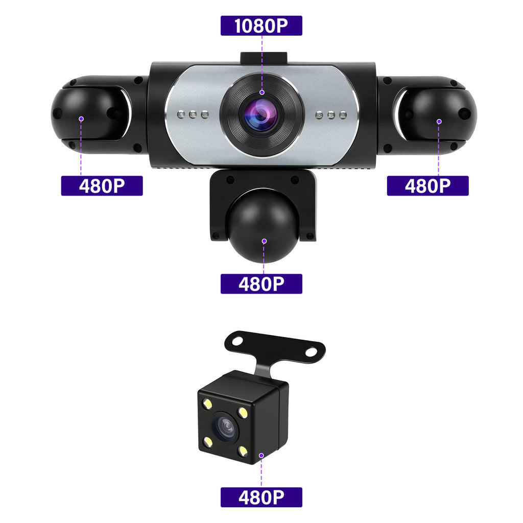 NAVITROEY 4/5Lens 1080P 360° Panoramic Dash Cam Set, 1080P Front+720P Full Coverage Rear/Left/Right/Inside, FIVE-Screen Split Display, Super Night Vision, WDR, G-Sensor, Loop Recording-Car Accessories/Car Dashcam, 64GB Memory Card.
